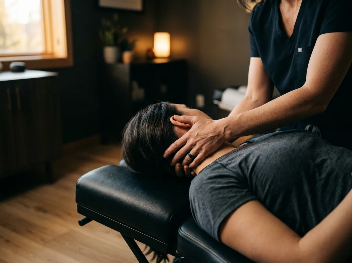 A chiropractor's hands performing a cervical adjustment on a clothed patient
