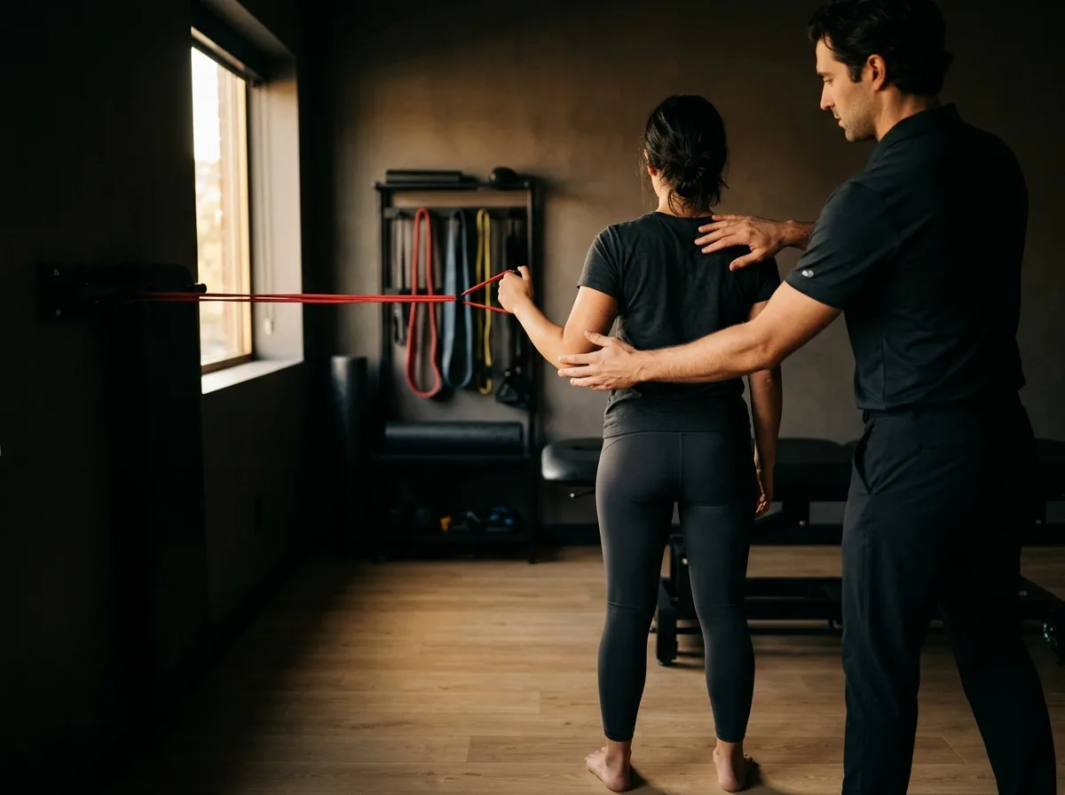 A physical therapist guiding a patient through a shoulder exercise with a resistance band