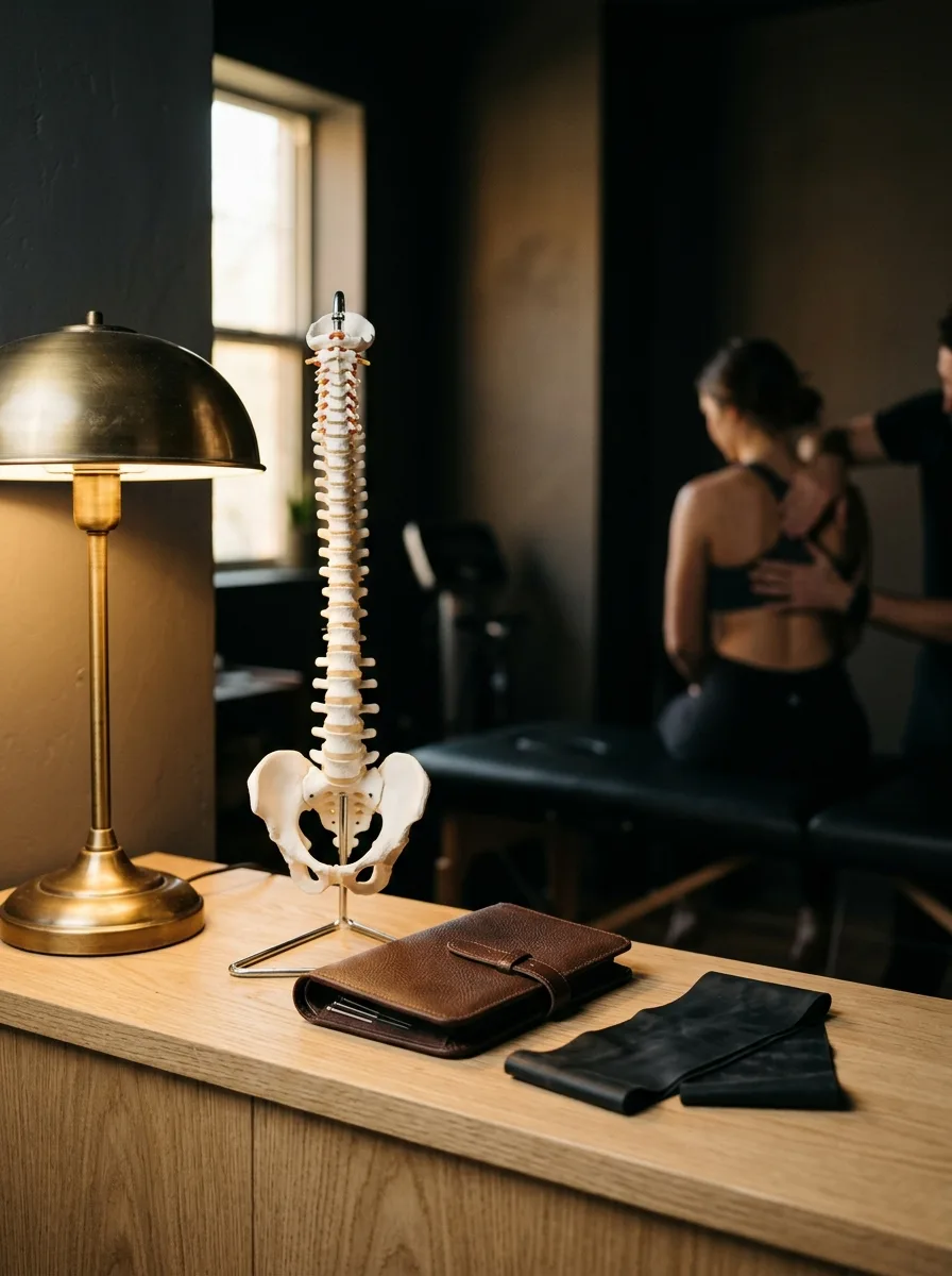 A spine model, acupuncture needle case and resistance band on an oak counter in lamp light